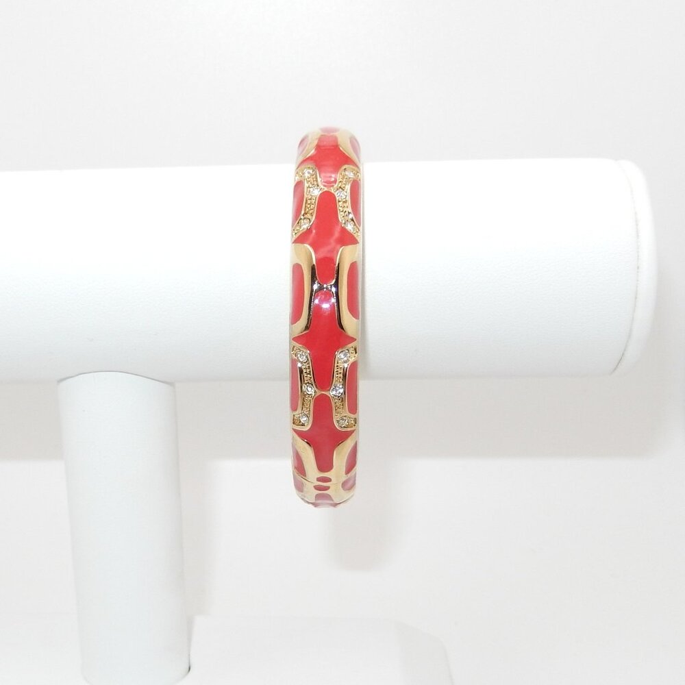 Bangle Bracelet / Coral Enamel & Gold Tone Trim with Rhinestones / Hinged